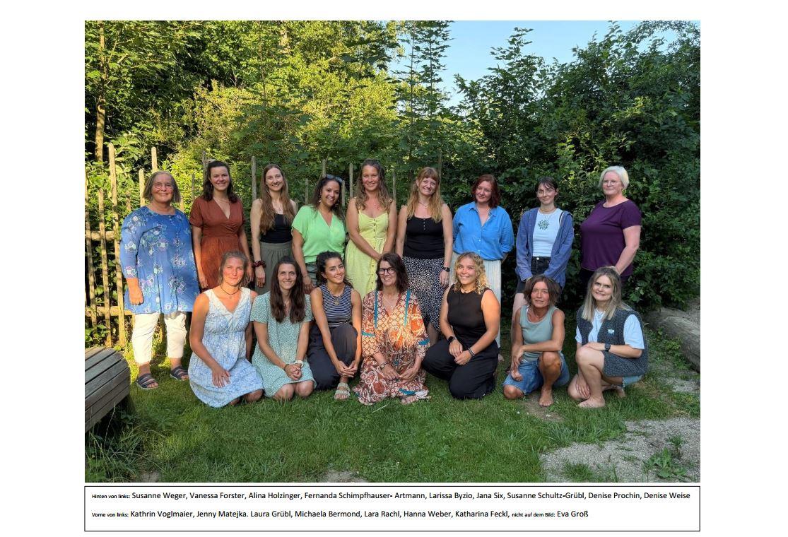 Mitglieder des Teams des Montessori Kinderhaus Eberharting stehen versammelt vor Bäumen im Garten des Kinderhauses zum Gruppenbild